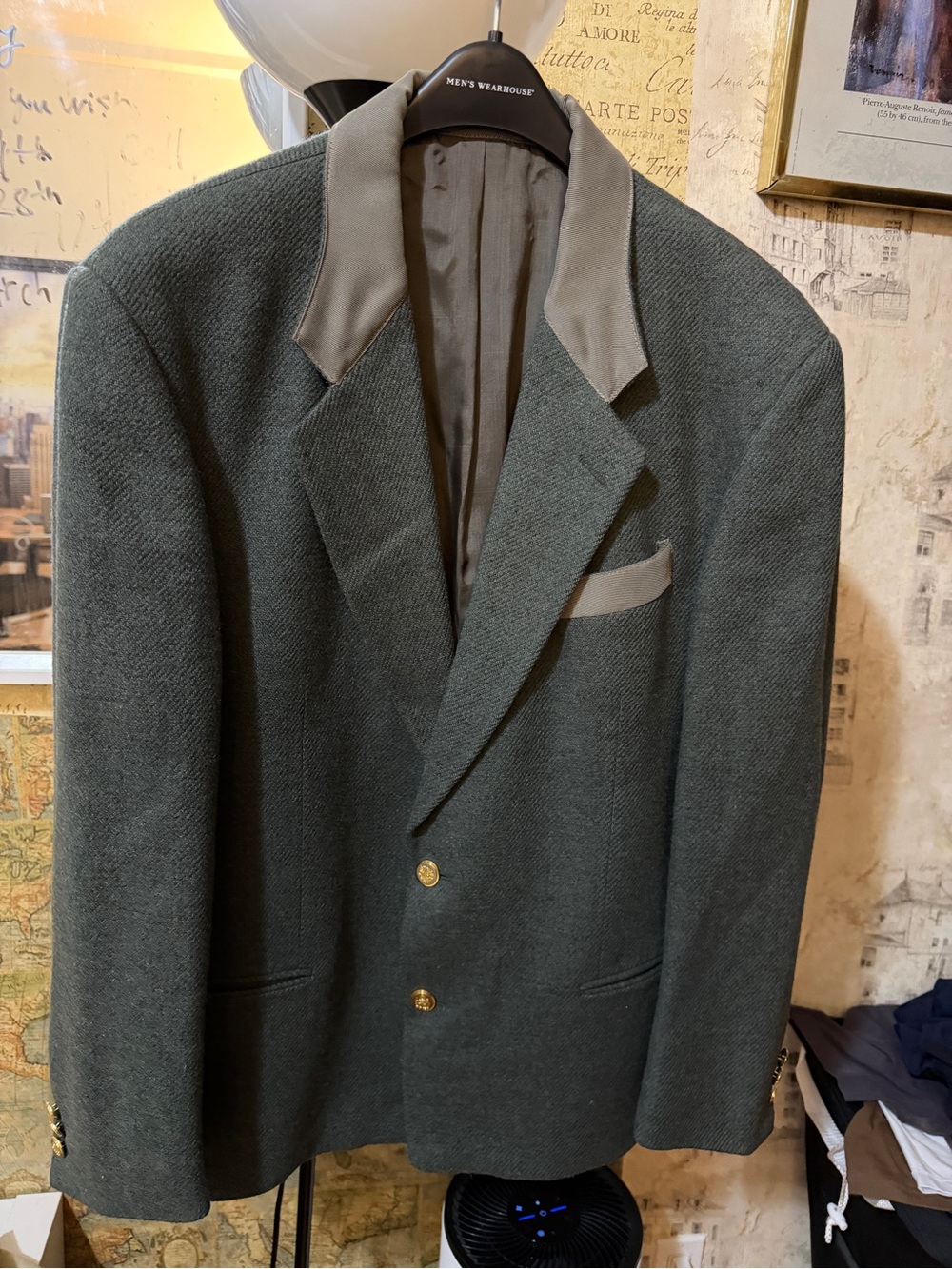 Men's Dark Green Wool Blazer with Contrast Lapel